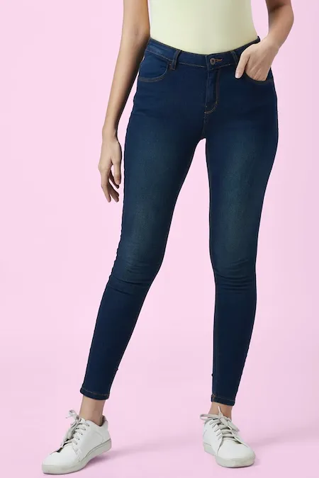 Blue Solid Ankle Length Mid Rise Casual Women Skinny Fit Jeans
